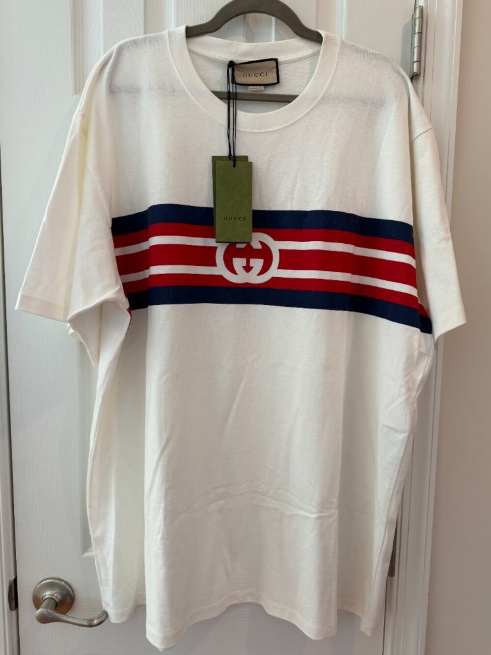 Gucci Men's SS21 Interlock Double G Stripe printing Short Sleeve Creamy White